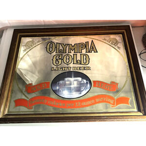 Vintage Olympia Gold Light Beer “Sold Here” Bar Mirror Sign 27” x 21” Rare